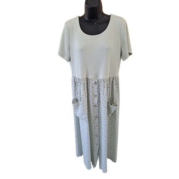 Vtg Casual Corner Green Ribbed Floral Button-Down Maxi Dress Short Sleeve Pocket - Picture 1 of 12